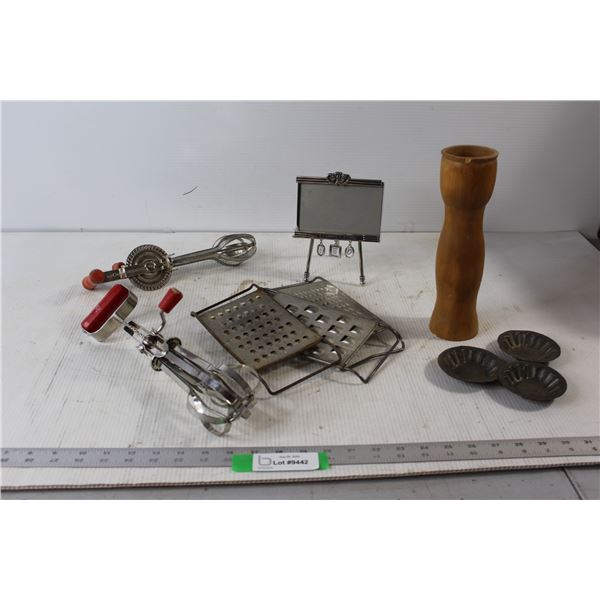 Manual Whisk With Rotary Handles, (3) Metal Graters, Wooden Pepper Mill, Metal Picture Frame, (3) Sm
