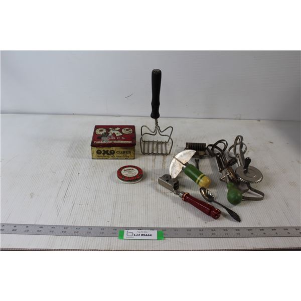 Small Scotch Cellulose Tape Tin, Potato Masher, Pastry Cutter, Cheese Slicer, Can Opener Decorative 