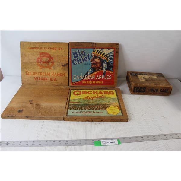 (4) Vintage Wooden Advertising Signs For Apples, Eggs With Care Box