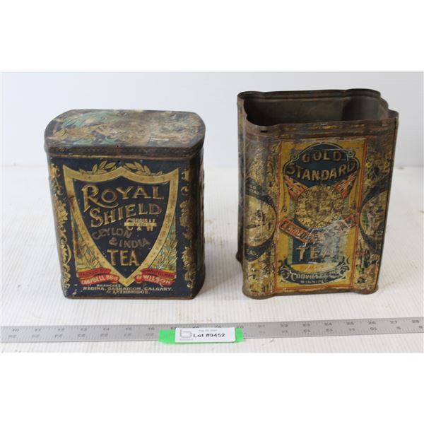 Gold Standard Ceylon and Assan Tea Tin, Royal Shield Ceylon and India Tea Tin