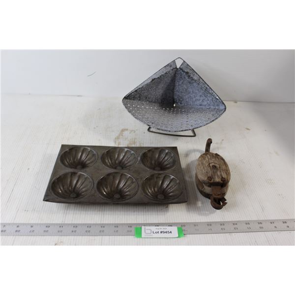 Vintage Bundt Muffin Tin, Vintage Colander, Wooden Block Pulley