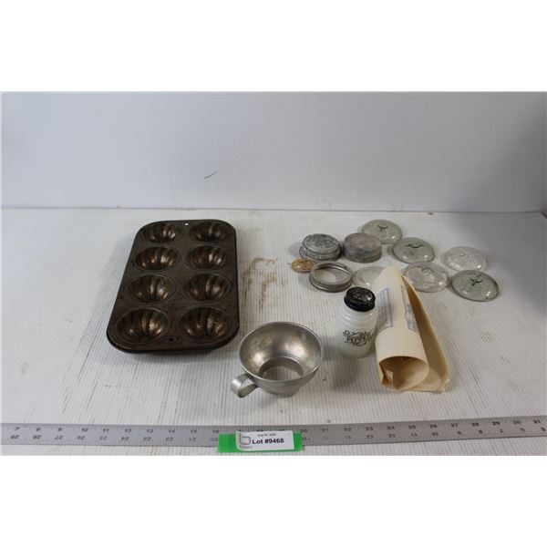 Aluminum Canning Funnel, (9) Various Jar Lids, Milk Glass Pepper Shaker, Daisy Butter Wrappers, Muff