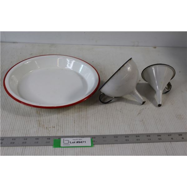 Enamel Plate, (2) Enamel Funnels