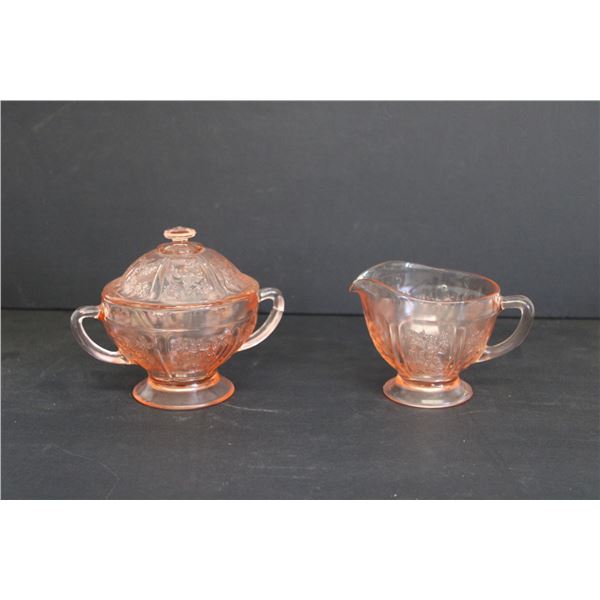 Pink Depression Glass Cabbage Rose Cream and Sugar - Chip on Base