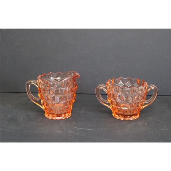 Pink Depression Glass Block Cube Pattern Cream and Sugar - No Chips