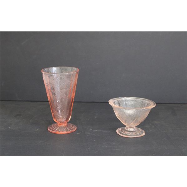 Pink Depression Glass Poinsettia Custard Glass (Small Chip) and Royal Lace Sherbert Glass