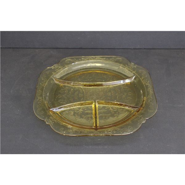 Federal Depression Glass Madrid Amber 10 1/4" Square 4 Part Relish Plate