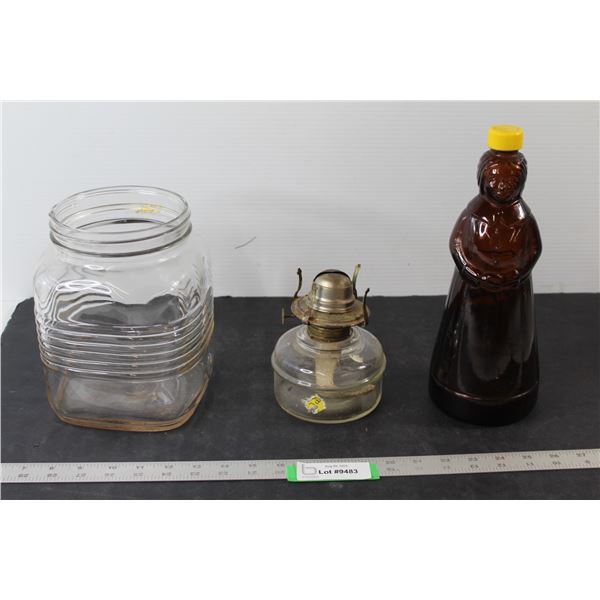 Mrs. Butterworth's amber Glass Syrup Bottle, Oil Lamp, Big Glass Jar