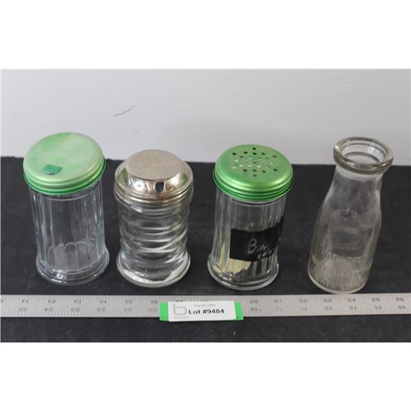 Big Shaker, (2) Assorted Sugar Pourers, Small Glass Milk Jug