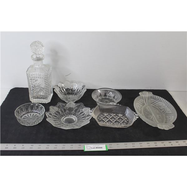 (6) Serving Dishes/Bowls/Trays, Glass Bottle
