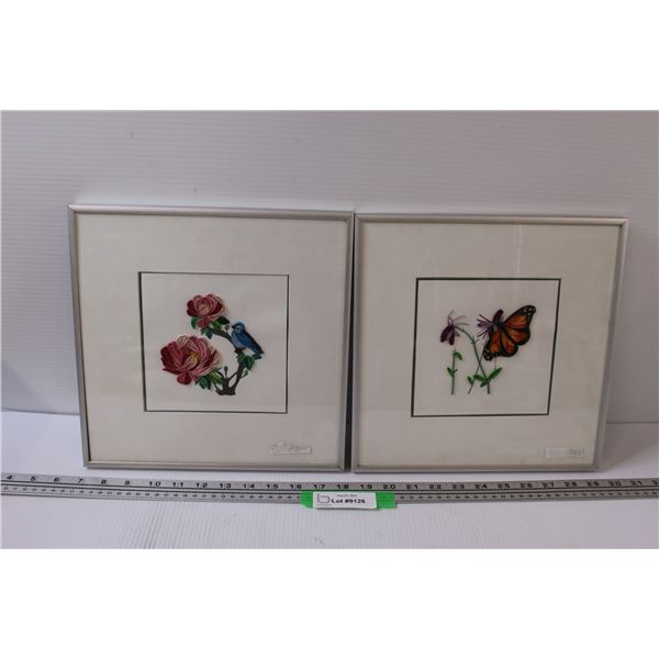 (2) Paper Embroidery Framed Art: Butterfly & Bird - 11" x 11"