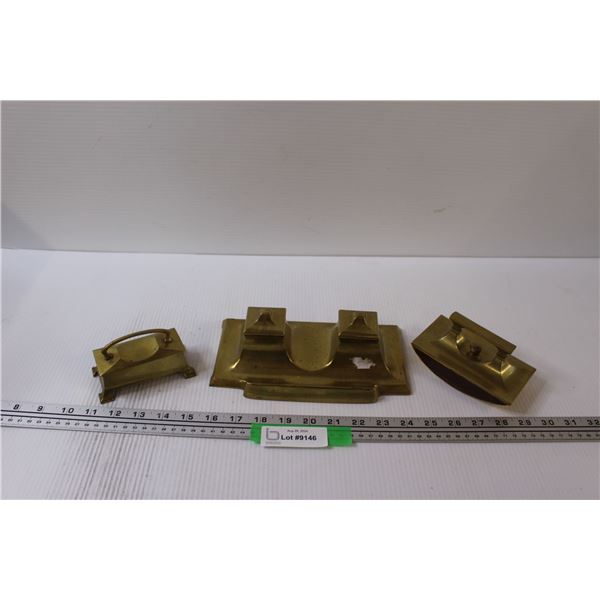 Antique Brass Three Piece Ink Well & Blotters Set
