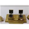 Image 3 : Antique Brass Three Piece Ink Well & Blotters Set