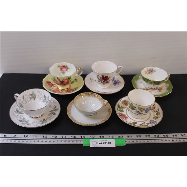(6) Tea Cups & Saucer Sets: Tuscan, Queen Anne, Hammersley, Royal Worcester, Misc.