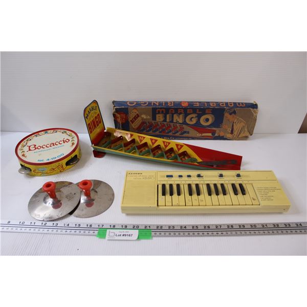 Vintage Children's Toy Lot: Marble Bingo, Tambourine, Symbols, Lloyds Mini Piano