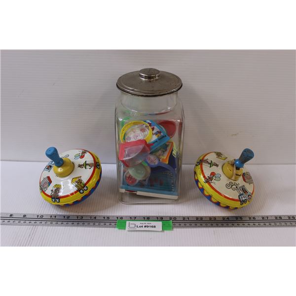Vintage Children's Toy Lot: (2) Tops, Glass Jar Filled w/Contents
