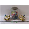 Vintage Children's Toy Lot: (2) Tops, Glass Jar Filled w/Contents