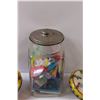Image 4 : Vintage Children's Toy Lot: (2) Tops, Glass Jar Filled w/Contents