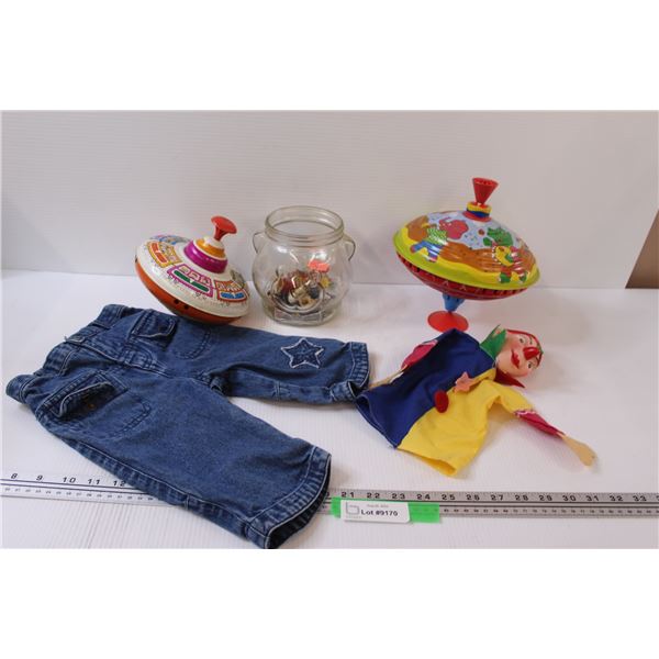 Lot: (2) Tin Tops, 18 Months Jeans For Toddler, Misc. Children's Toys in Glass Jar, Clown Hand Puppe