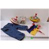 Lot: (2) Tin Tops, 18 Months Jeans For Toddler, Misc. Children's Toys in Glass Jar, Clown Hand Puppe