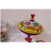 Image 2 : Lot: (2) Tin Tops, 18 Months Jeans For Toddler, Misc. Children's Toys in Glass Jar, Clown Hand Puppe