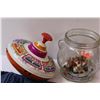 Image 3 : Lot: (2) Tin Tops, 18 Months Jeans For Toddler, Misc. Children's Toys in Glass Jar, Clown Hand Puppe