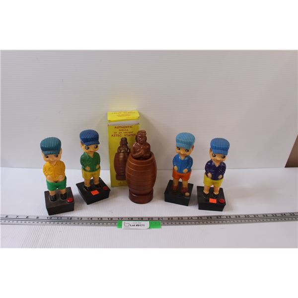Vintage Statues: Aztec in a Barrel & Boys Button Activated Toy