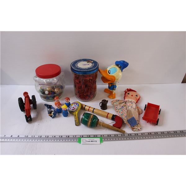 Vintage Children's Toy Lot: Red Building Blocks, Marbles, Donald Duck, Fisher Price Little People, M