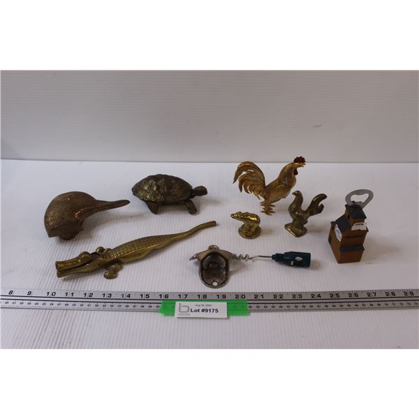 Lot: Brass Animals (Rooster, Turtle, Crocodile, Duck), Bottle Opener, Wine Bottle Cork Remover