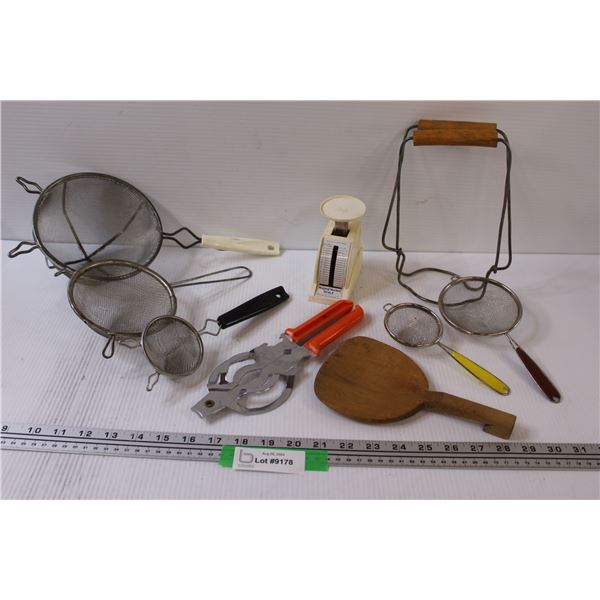(5) Strainers, Canning Jar Holder, Scale, Misc.