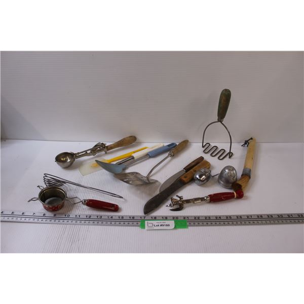 Vintage Kitchen Items: Can Opener, Masher, Spatulas, Ice Cream Scoop, Misc.