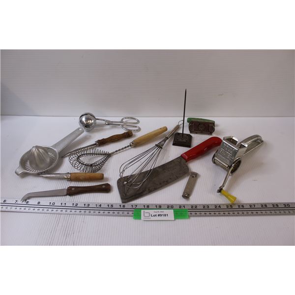 Vintage Kitchen Items: Egg Beater, Wisk, Mouli Grater, Knives, Misc.
