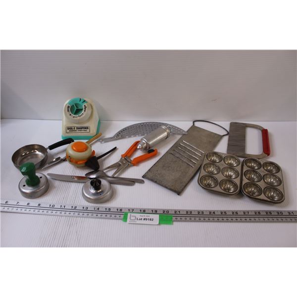 Vintage Kitchen Items: Tala Mini Baking Pans, Potato Slicer, Grater, Misc.