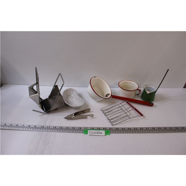 Vintage Kitchen Items: (3) Enamel Scoops/Ladles, Tray, Hand Held Toaster, Can Lid Opener, Misc.