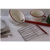 Image 3 : Vintage Kitchen Items: (3) Enamel Scoops/Ladles, Tray, Hand Held Toaster, Can Lid Opener, Misc.