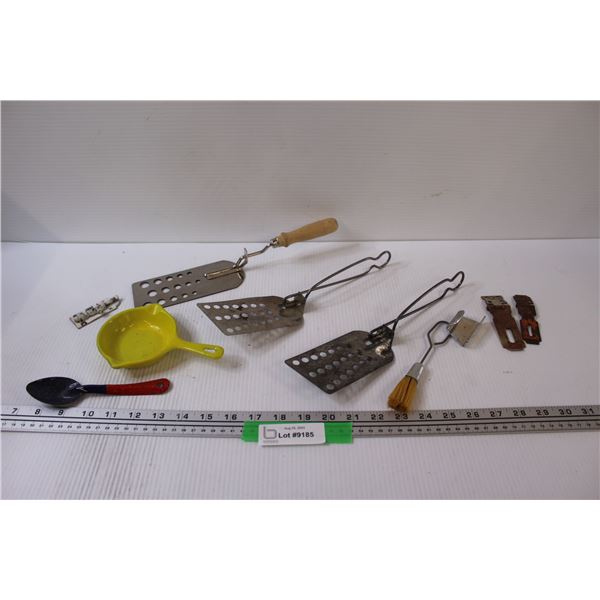 Vintage Kitchen Items: Vintage Spatulas, Hinges, Mini Cast Frying Pan, Misc.