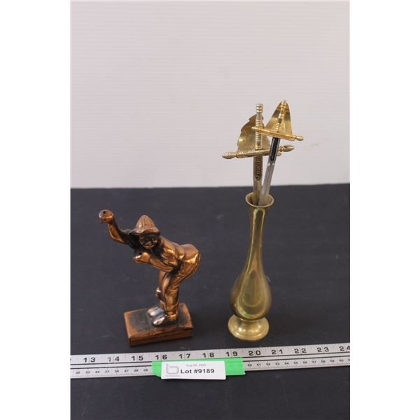 (2) Brass Letter Openers in Holder & Fisherman Statue (Missing Rod & Hook)