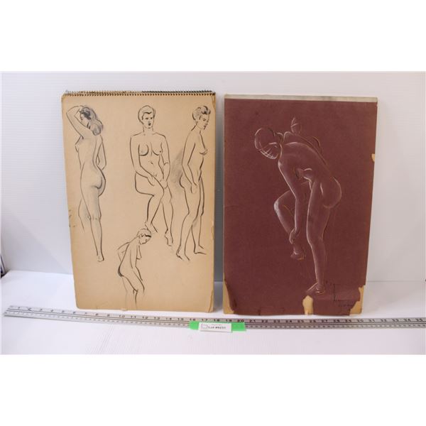 (2) Pastel & Charcoal Sketch Books of Nude Art - 18" x 12"