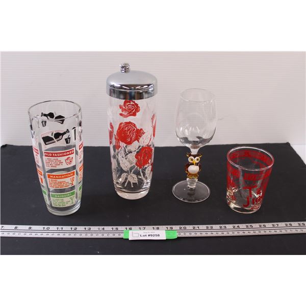 Vintage Cocktail Shakers & Owl Wine Glass & Vintage Whiskey Cup