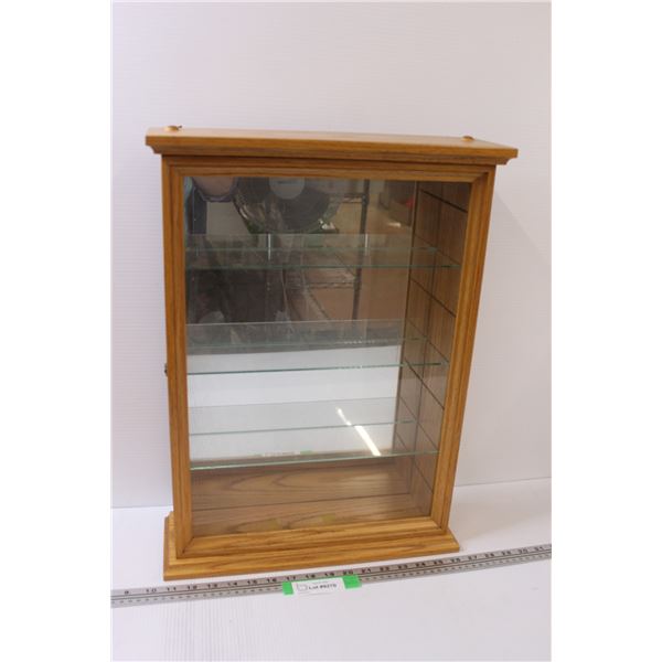 Honey Oak Wooden Display Showcase w/ Glass Shelves - 5" x 16" x 22" High