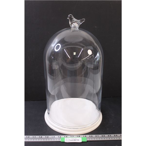 Bell Jar w/Glass Bird Handle & Wood Base - 18" Tall x 10" Wide