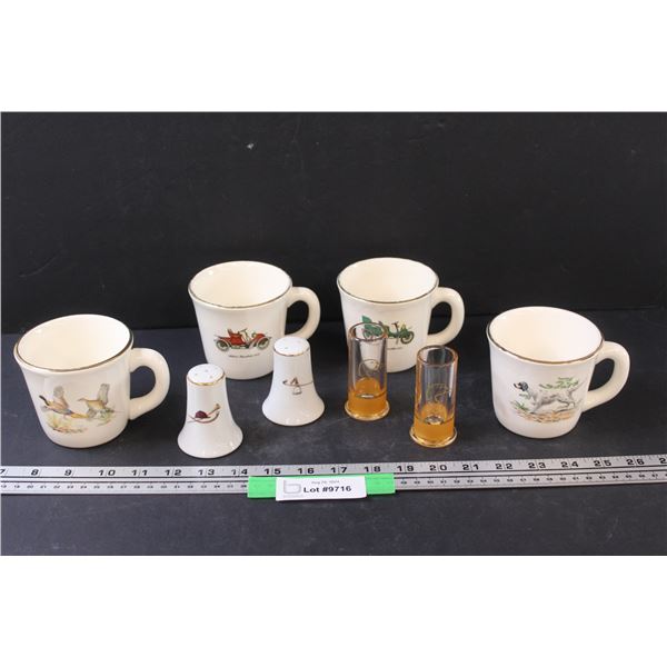 "The Huntsman" Salt & Pepper Shakers, (2) Ducks Unlimited Shot Glasses, (4) Salem China Coffee Mugs 