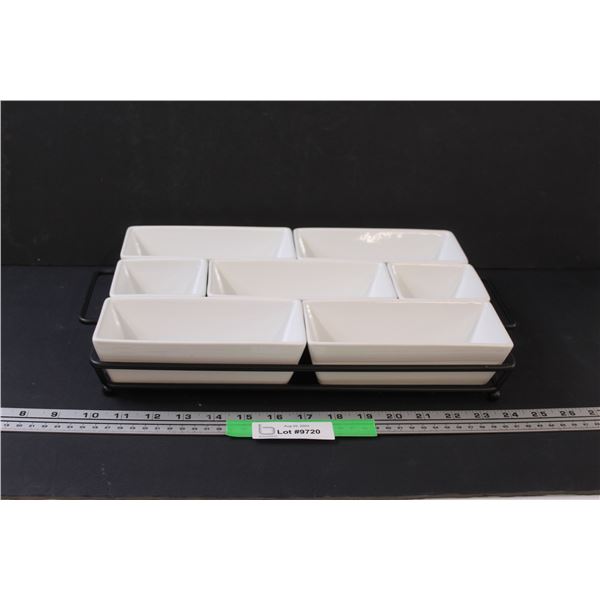 Black Metal Serving Tray & (7) White Serving Bowls Set