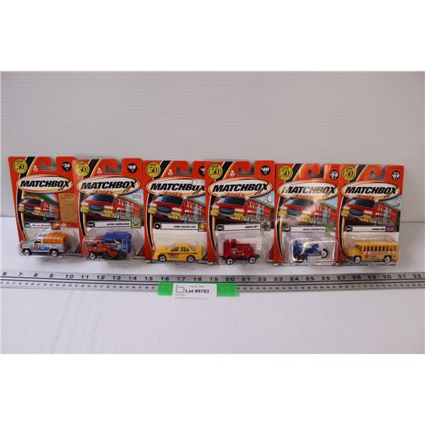 (6) Matchbox Die Cast: Ambulance, Bus, Police Motorcycle, Misc.