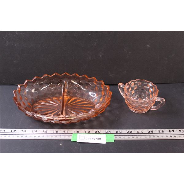 Vintage Pink Depression Glass Divided Serving Tray & Sugar Bowl
