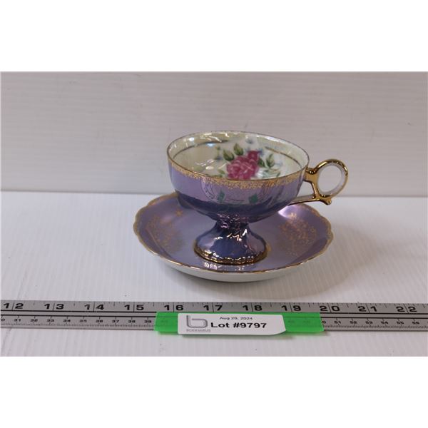 Vintage Japanese Purple Lustre Footed Tea Cup & Saucer Set