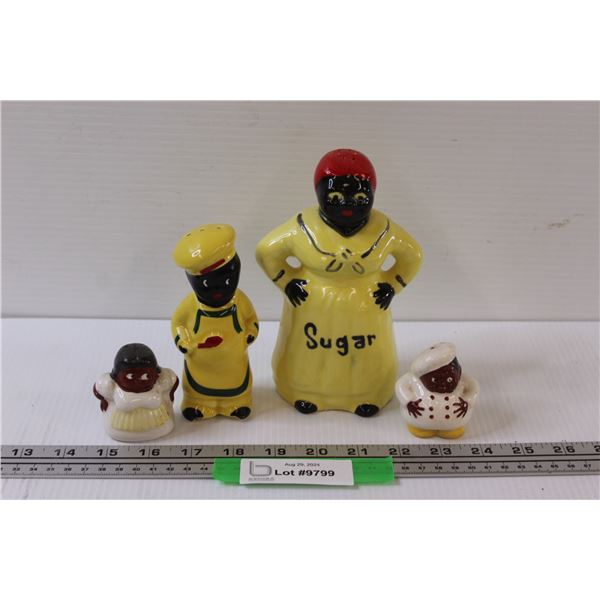 (4) Black Americana Salt & Pepper Shakers & Sugar Jar- Porcelain