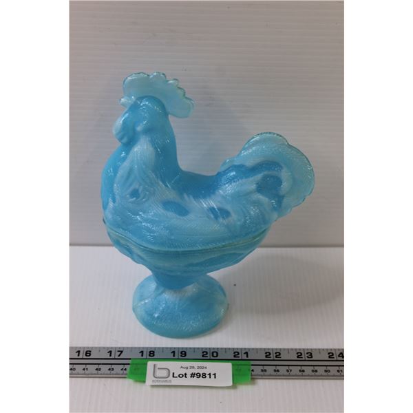 Vintage Blue Milk Glass Rooster Candy Jar - 8.5" x 7"