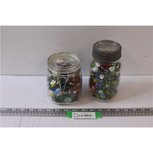 Jar of Marble Shooters & Antique Glass Jar of Marbles