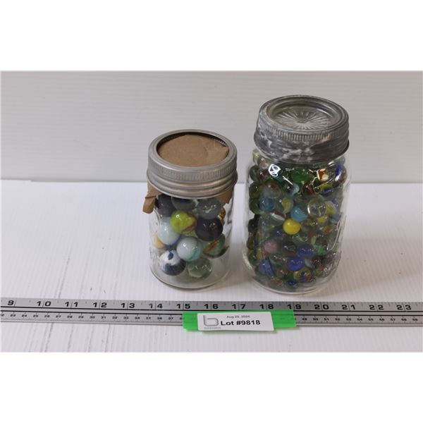 Jar of Marble Shooters & Antique Glass Jar of Marbles